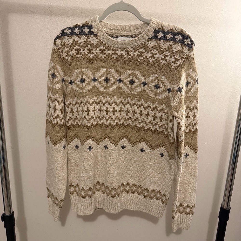 American Eagle Outfitters Fairisle Beige and Brown Patterned Crewneck Sweater